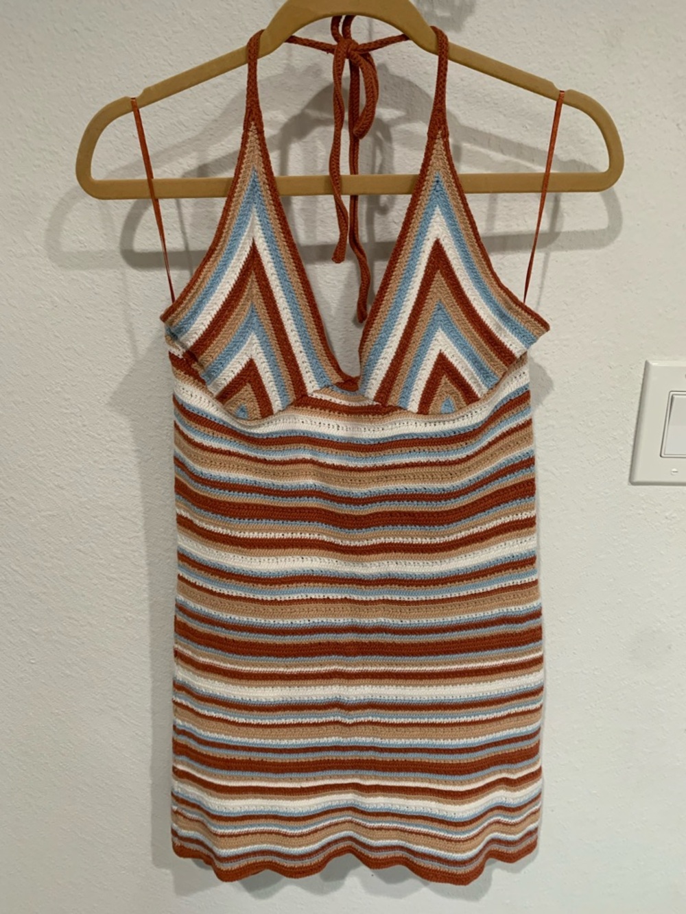 Cotton-On Striped Crochet Halter Mini Dress, Multi Boho Beach Cottagecore, L